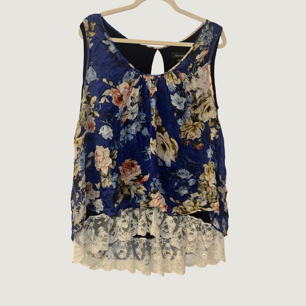 Karen Kane Silk Floral Lace Trim Tank Top Blue Sleeveless Blouse 1X 2L21550W